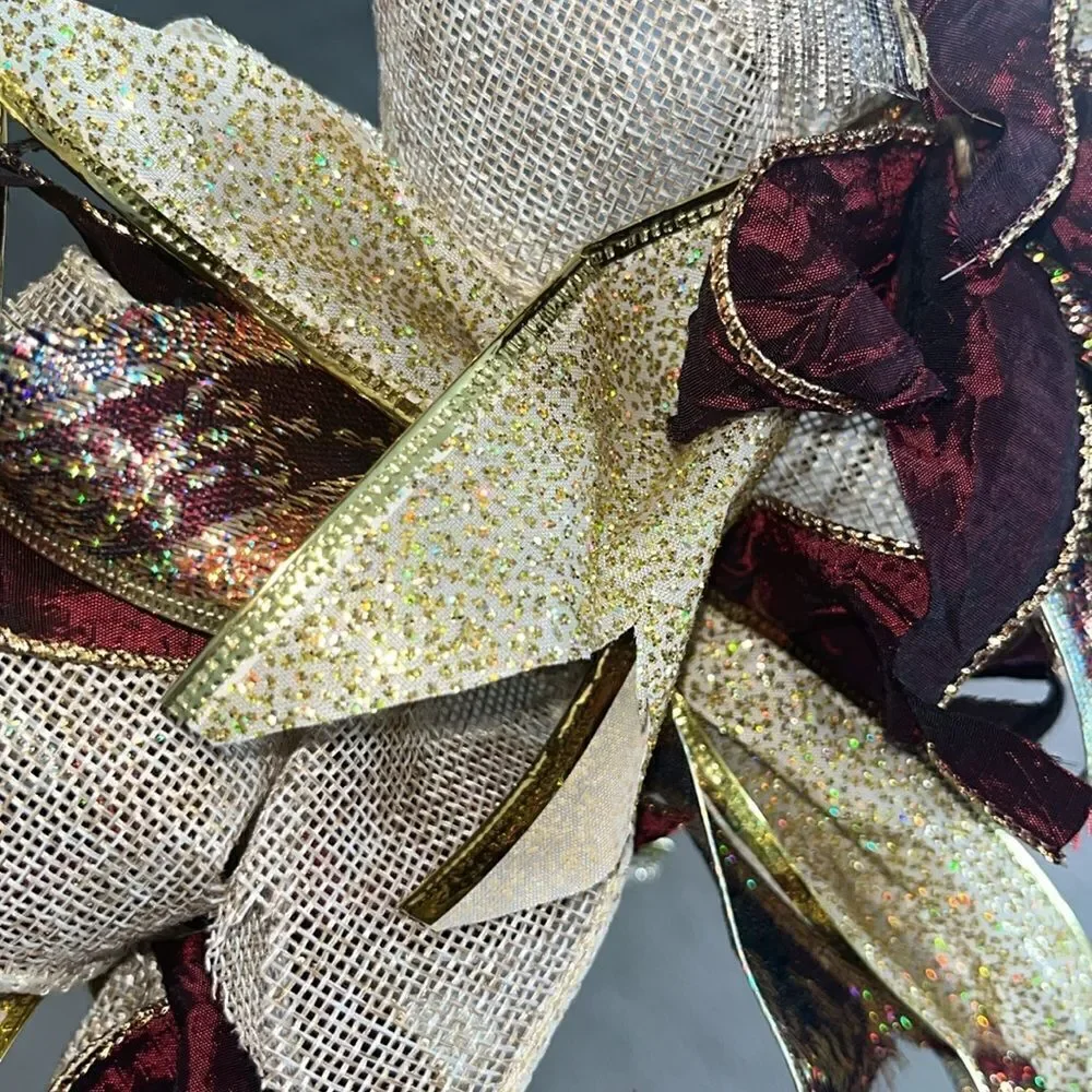 Handmade Dark Red Tan Gold Holiday Christmas Ribbon Twine Wreath Made on 12”